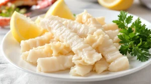 Paluszki krabowe surimi na talerzu obok cytryny. Sprawdzamy, czy surimi jest zdrowe i jaki ma prawdziwy skład.
