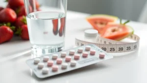 Tabletki antykoncepcyjne i centymetr krawiecki symbolizujące kontrolę wagi podczas terapii hormonalnej