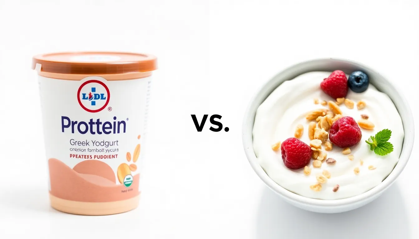 Pudding proteinowy Lidl w kubeczku obok miseczki z jogurtem greckim i owocami – porównanie, czy pudding proteinowy jest zdrowy.