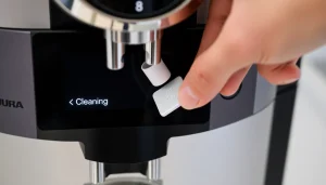 Wrzucanie trójfazowej tabletki czyszczącej do otworu na kawę mieloną w ekspresie Jura ENA 8