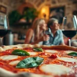 Zbliżenie na parującą, najpyszniejszą włoską pizzę neapolitańską na drewnianym stole w przytulnej, włoskiej restauracji.